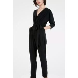 Express Black V-Neck Straight Leg 3/4 Length Sleeve Belted Jumpsuit, S